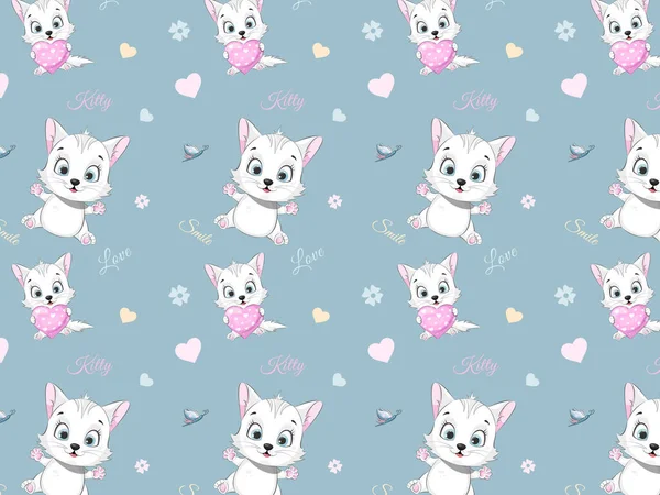 Seamless pattern smile kitty with heart and butterfly