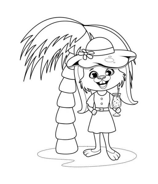 Boyama sayfası. Kokteyl ve palmiye ağacıyla tatile çıkmış küçük tavşancık.