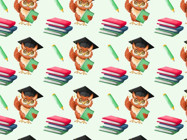 Seamless pattern smart owl graduate with books and pencil