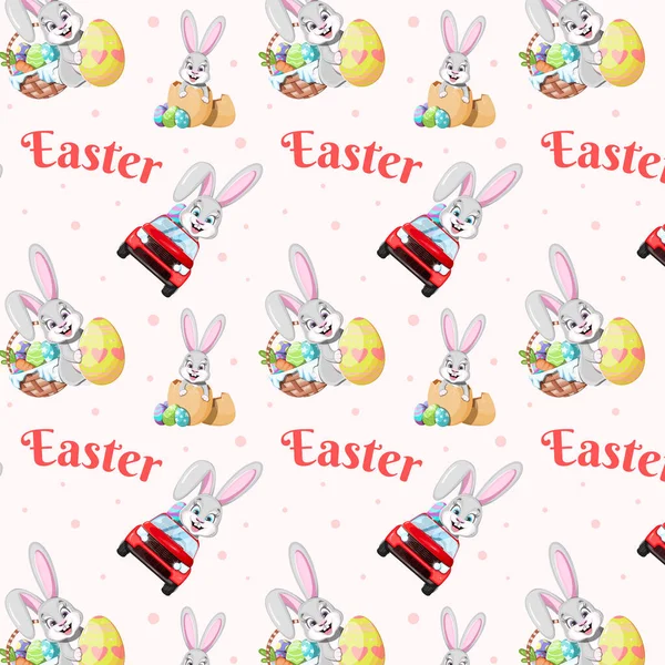 Seamless Easter pattern with bunny, eggs and car
