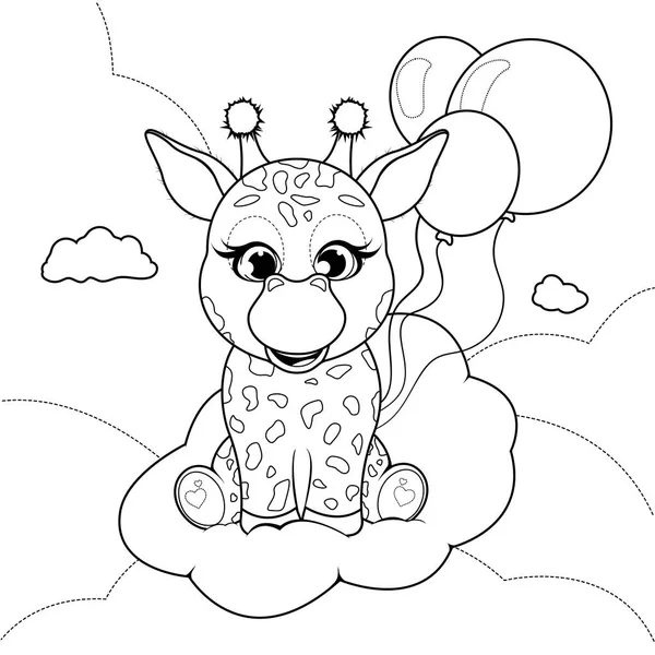 Malvorlage Niedliche Giraffe Auf Einer Wolke Mit Luftballons — Stockvektor