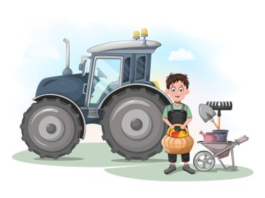 Sepet, traktör, el arabası ve çiftlik aletleriyle çiftçi.