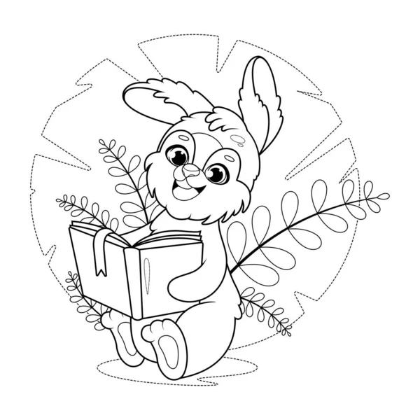 Boyama Sayfası Çizgi Film Sevimli Tavşan Kitap Okuyor — Stok Vektör