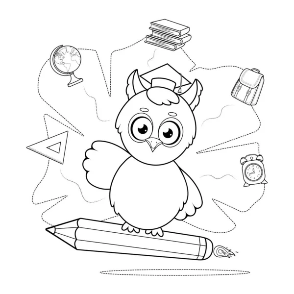 Coloring Page Smart Cartoon Owl Flying Pencil — Vector de stock