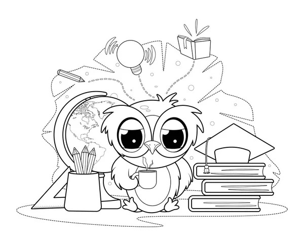 Coloring Page Cartoon Sleepy Owl Cup Study Supplies — 图库矢量图片