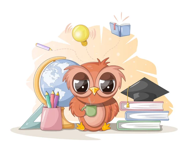 Cartoon Sleepy Owl Cup Study Supplies — Archivo Imágenes Vectoriales