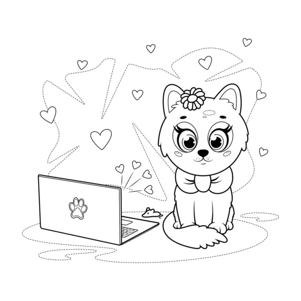 Coloring Page Cute Cartoon Cat Sitting Laptop —  Vetores de Stock