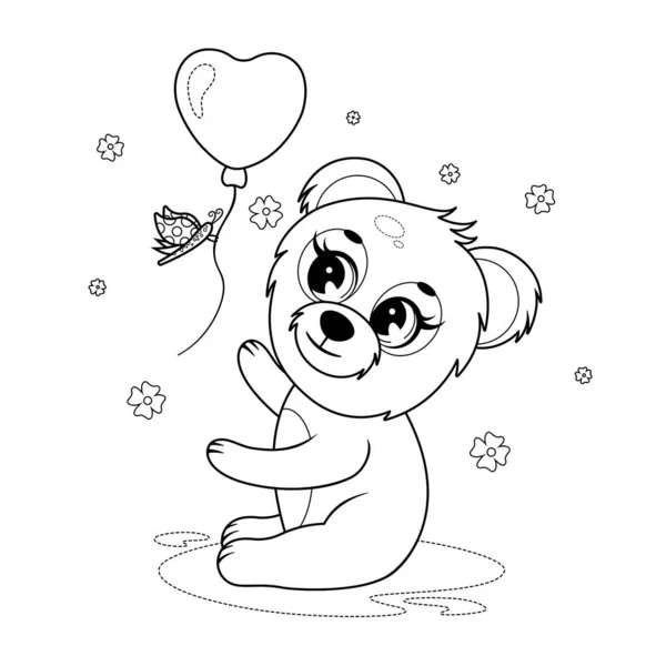 Coloring Page Cute Little Bear Butterfly Balloon —  Vetores de Stock