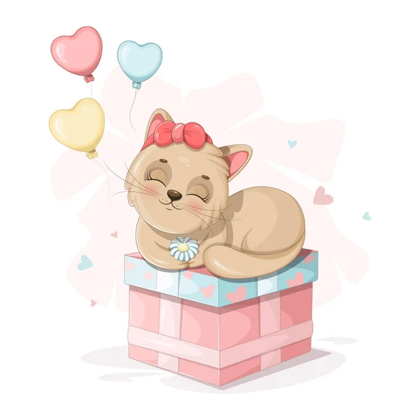 Cute Little Cat Balloons Hearts Gift — Stok Vektör