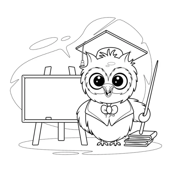 Coloring page. Smart owl with school board, pointer and books