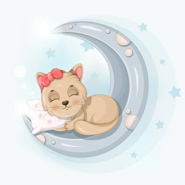 Cute Kitty Sleeps Pillow Moon — Vetor de Stock