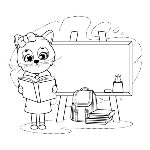 Coloring Page Cute Kitty Book School Board Briefcase Pencils Books — Stockvektor