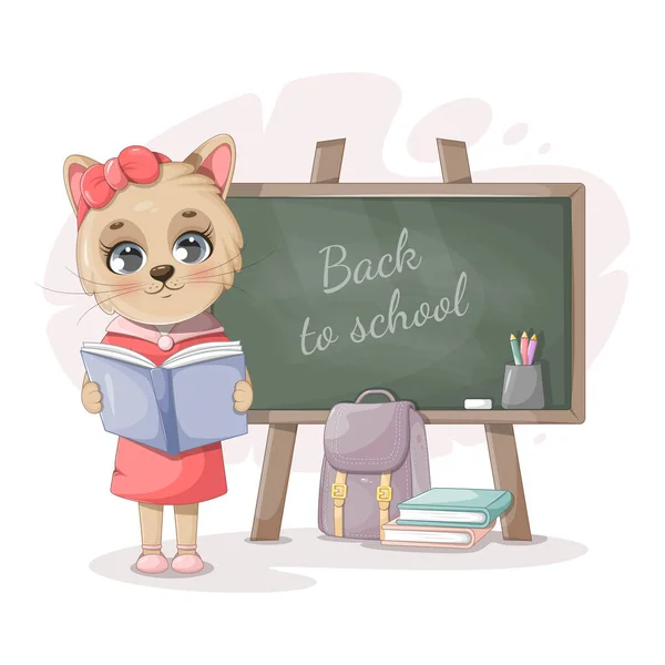 Cute kitty with a book, school board, briefcase, pencils and books