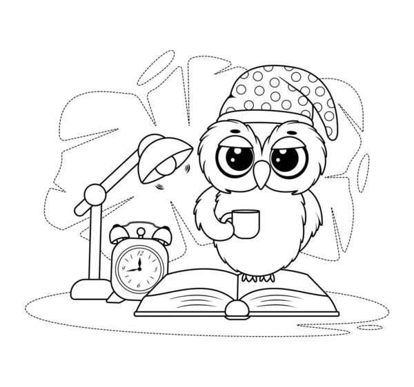 Coloring Page Owl Sleep Cap Cup Book Table Lamp —  Vetores de Stock