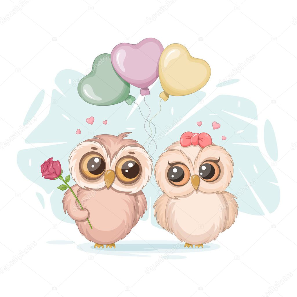 Cute and romantic owls with rose and balloons