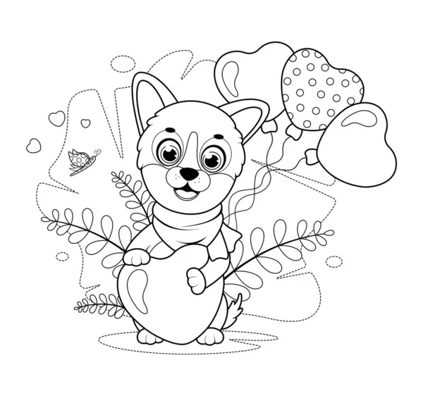 Coloring Page Cute Puppy Butterfly Hearts Balloons — Image vectorielle