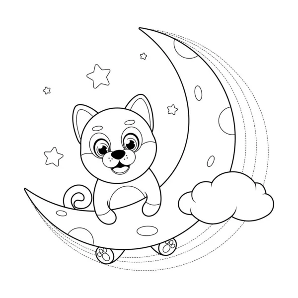 Coloring Page Little Shiba Inu Dog Holding Moon Sky — Stok Vektör