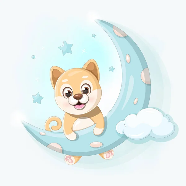 Little Shiba Inu Dog Holding Moon Sky — Vetor de Stock