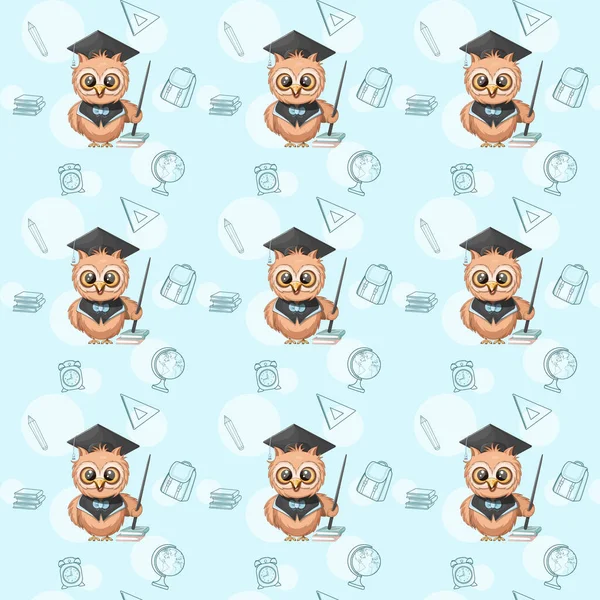 Seamless pattern. Smart owl with pointer and books