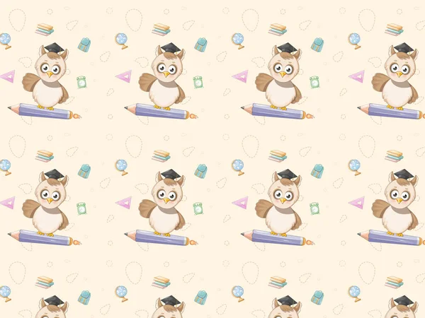 Seamless pattern. Smart cartoon owl flying on a pencil