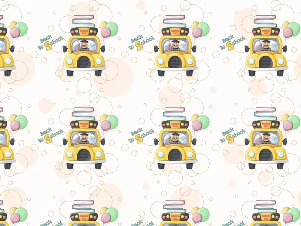 Seamless pattern. Smart owl driving a school bus, with balloons and school supplies