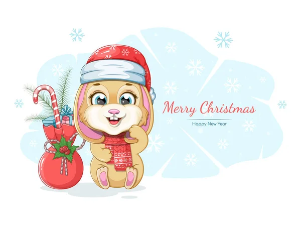 Happy Christmas New Year Card Cute Bunny — Stock Vector