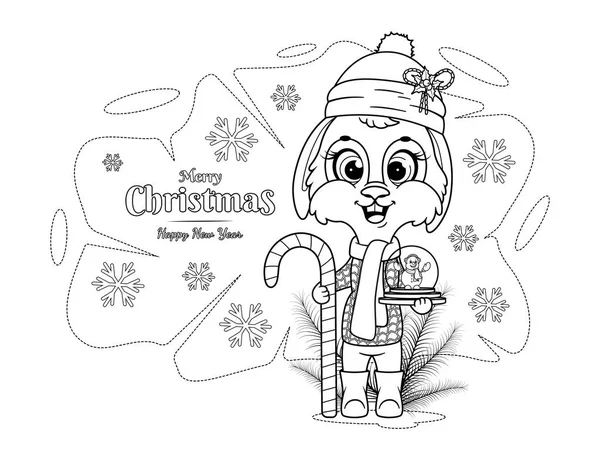 Coloriage Joyeux Noël Bonne Année Carte Avec Beau Lapin — Image vectorielle