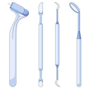 Diş aletleri ve enstrüman simgeleri ayarlandı. Stomatoloji, beyaz zemin üzerinde izole edilmiş düz bir şekilde vektör simgesi sağlar.
