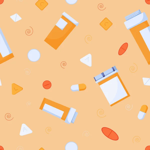 Бесшовный рисунок из таблеток и оранжевых контейнеров. Таблетки и лекарства, капсулы, прописанные врачом в плоском стиле. — стоковый вектор