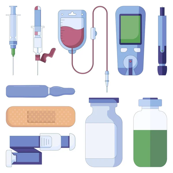 Set of medical icons of vacuum pump for blood sampling, ampules and spritz in a flat style isolated on a white background. — 图库矢量图片