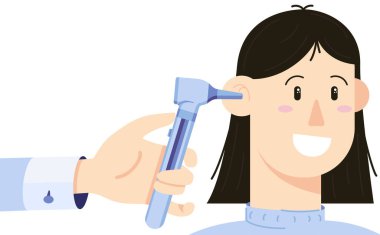 Otoskop ile genç bir kadının kulak kanallarını kontrol eden bir otolarolog. Beyaz arkaplanda izole edilmiş düz bir şekilde resim.