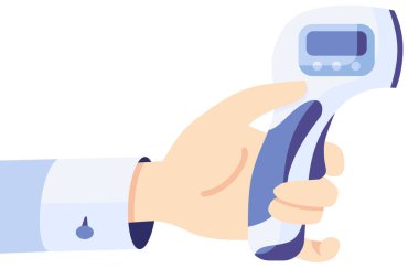 Doktor elinde kızılötesi termometre, beyaz arka planda izole edilmiş düz bir şekilde vücut ısısı kontrolü