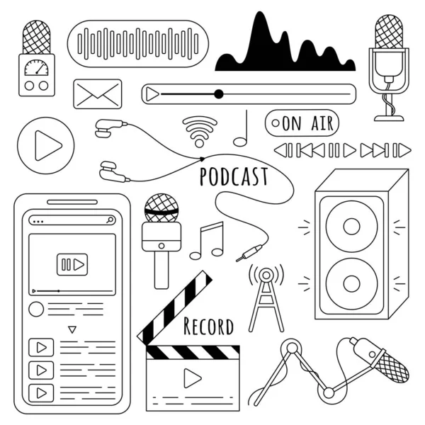 Podcast and audio icon set in a flat style, isolated on a white background. Microphone, record, music wave line icon collection. — Stock Vector