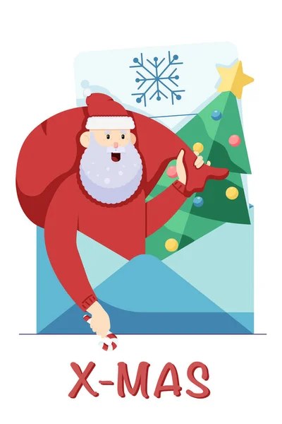 Carte postale de Noël avec le Père Noël, sapin de Noël, et lettre pour le Père Noël dans un style plat isolé sur un fond blanc. — Image vectorielle