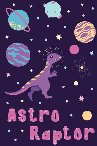 Carte postale du rapace astro dans un casque d'une combinaison spatiale vole à travers l'espace, les étoiles et les planètes. Illustration dans un style plat, isolé sur un fond violet. — Image vectorielle