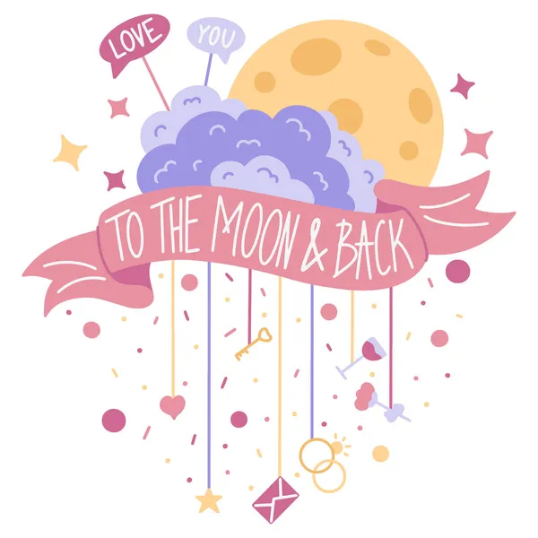Sevgililer Günü Tebrik Kartı Bulutların Ayın Resmi Bir Kurdele Pankartıyla — Stok Vektör