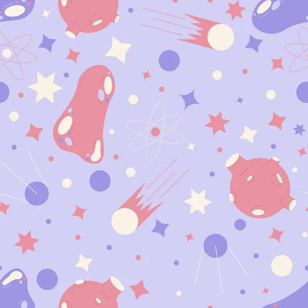 Seamless pattern of deep space with planets and stars, comets and asteroids in a flat style.