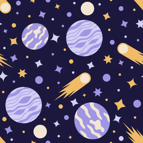 Seamless pattern of deep space with planets and stars, comets and asteroids in a flat style. — Stock Vector