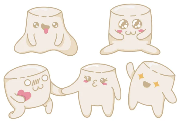 Een set van schattige kawaii marshmallows met verschillende emoties in anime stijl. Kawaii marshmallow personages in een platte stijl, met de hand getrokken ansichtkaarten om hun gevoelens uit te drukken — Stockvector