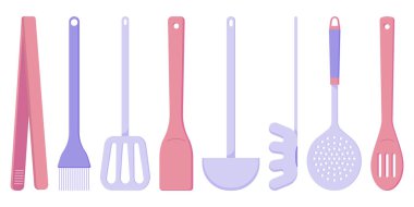   Yemek pişirmek için mutfak aletleri, bir kaşık, bir süzgeç, ahşap bir spatula, bir kepçe, mutfak maşası, bir ızgara fırçası, bir spagetti kaşığı, düz bir resim. Vektör illüstrasyonu