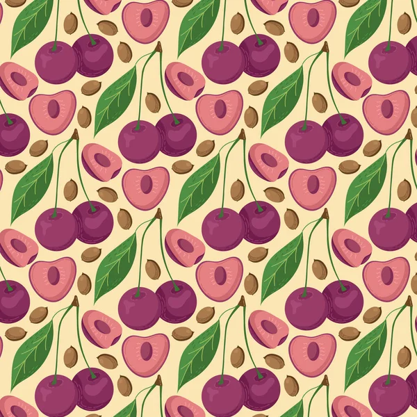 Fruit seamless pattern for textile products, cherry pieces, bone and leaves in a flat style — Stock Vector