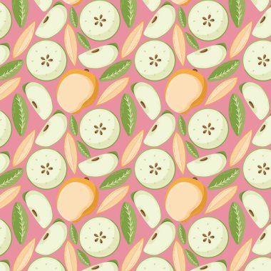 Tekstil ürünleri için meyvesiz desen, elma ve mango parçaları, kemik ve yapraklar düz bir şekilde 