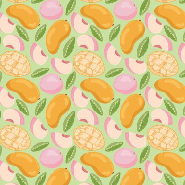 Tekstil ürünleri, şeftali ve mango parçaları, kemik ve yapraklar için düz bir şekil. 