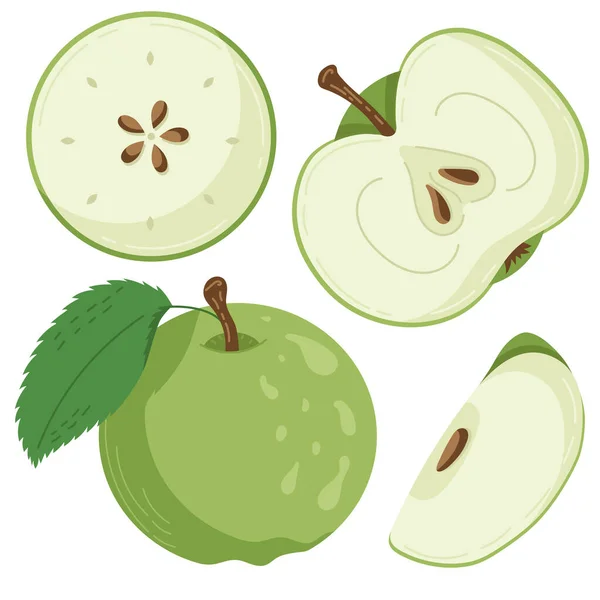 En uppsättning av äppelfrukt ritad i platt stil, skivor och halvor av frukt, blad och ben. En uppsättning klistermärken i pastellfärger — Stock vektor