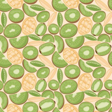 Tekstil ürünleri için meyvesiz desen, mango ve kivi parçaları, kemik ve yapraklar düz bir tarzda