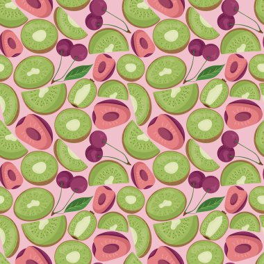 Tekstil ürünleri için meyvesiz şablon, kiraz ve kivi parçaları, kemik ve yapraklar düz bir tarzda