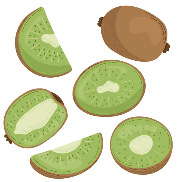 Conjunto Kiwi Fruta Dibujado Estilo Plano Rebanadas Mitades Fruta Conjunto — Vector de stock