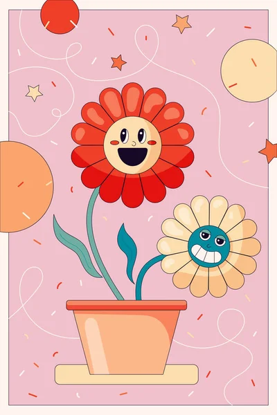 Comic Bloem Trendy Retro Cartoon Stijl Grappige Bloem Een Pot — Stockvector