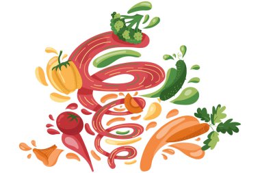 Sebzeleri taze meyve püresi yapmak, sağlıklı organik yiyecekler hazırlamak. Havuç, brokoli, domates, mantar, çizgi film tarzında salatalık suyu. Vektör illüstrasyonu.   