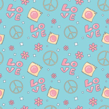   Çiçekler, aşk sözcükleri, yıldızlar ve 70 'lerin çizgi film tarzında mavi arka planda ambalajlar. Soyut, pürüzsüz desen. Çizim. Vektör illüstrasyonu.